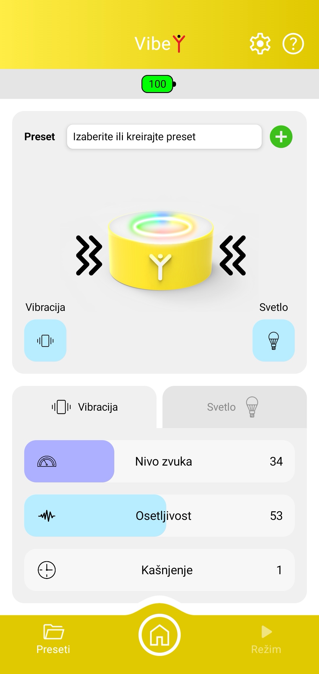 Startbildschirm der App zur Steuerung des Geräts VibeY